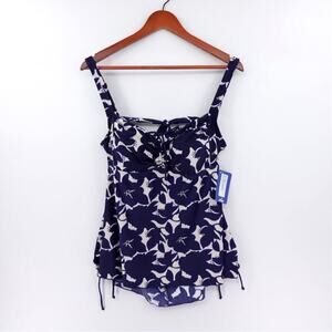 Hilor Tankini Top Womens 16 Blue Floral Ruched Side Built in Bra Cruise Flowy